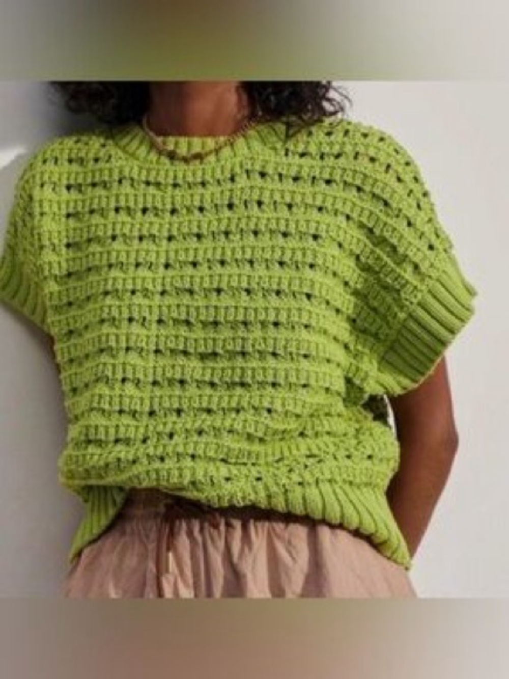 Varley Lime Green Open-Knit Scoop Neck Sweater